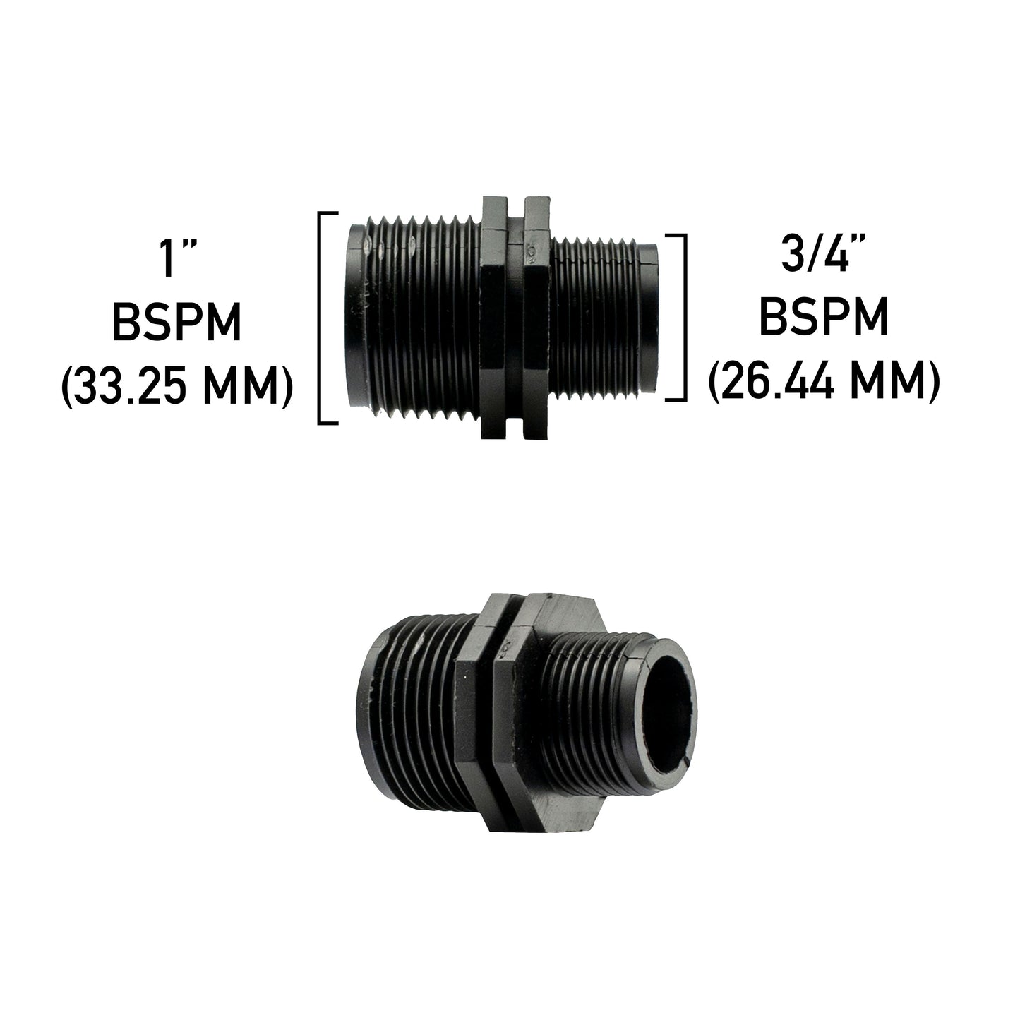 Reducing nipple BSP male 1in (33.25mm) to 3/4in (26.44mm), black threads