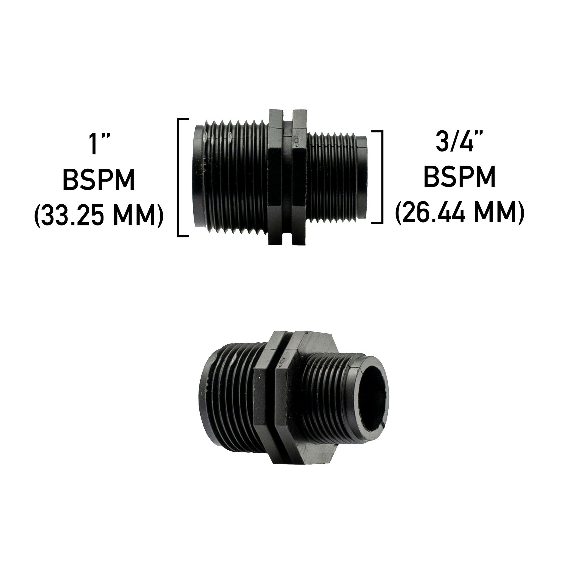 Reducing nipple BSP male 1in (33.25mm) to 3/4in (26.44mm), black threads