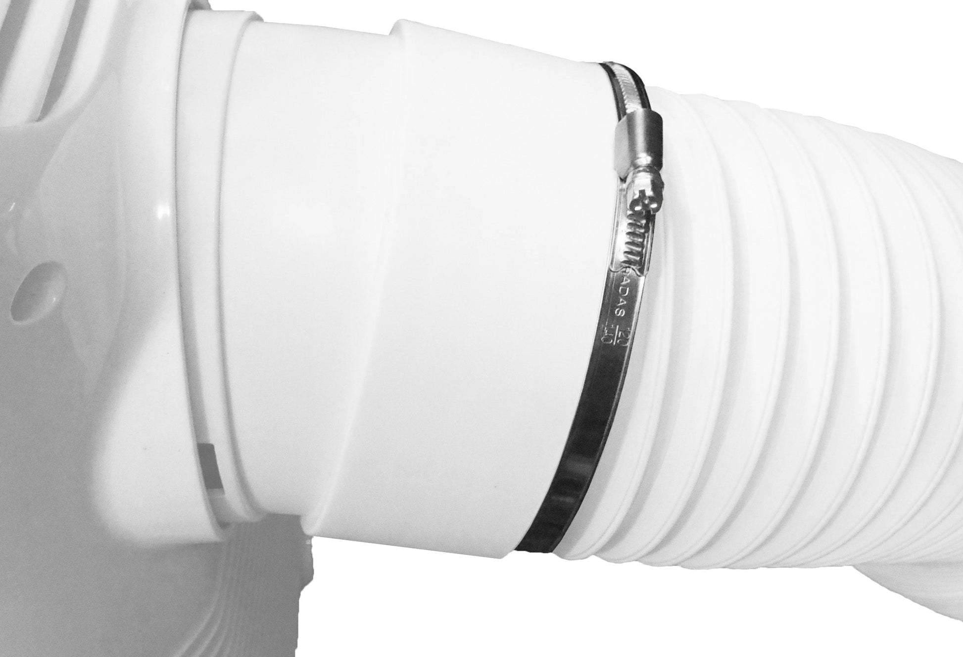 A2 hose clip tightening a hose on a white plastic pipe