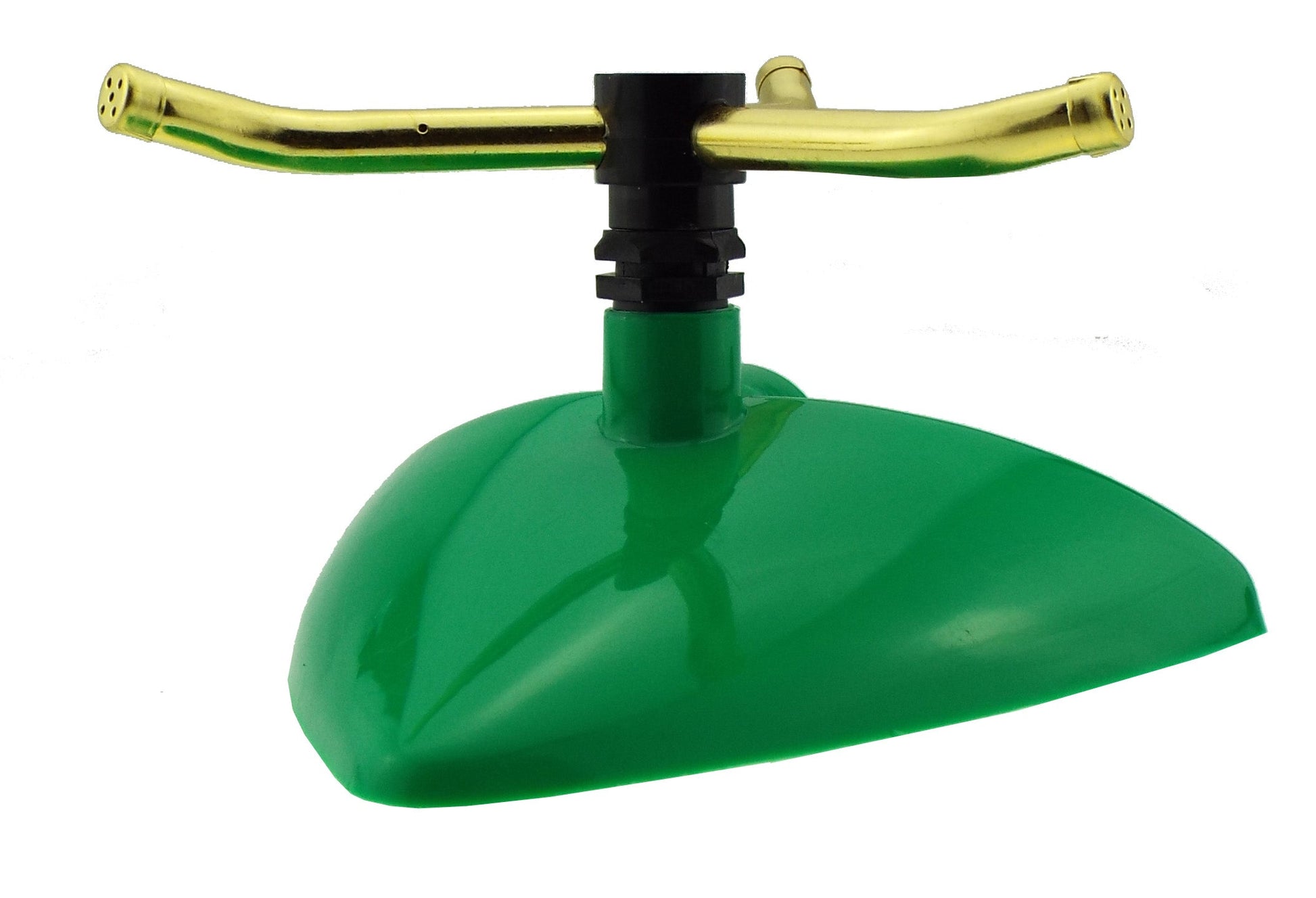 Green sprinkler base with central connector and two brass spray arms