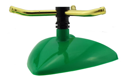 Green sprinkler base with central connector and two brass spray arms