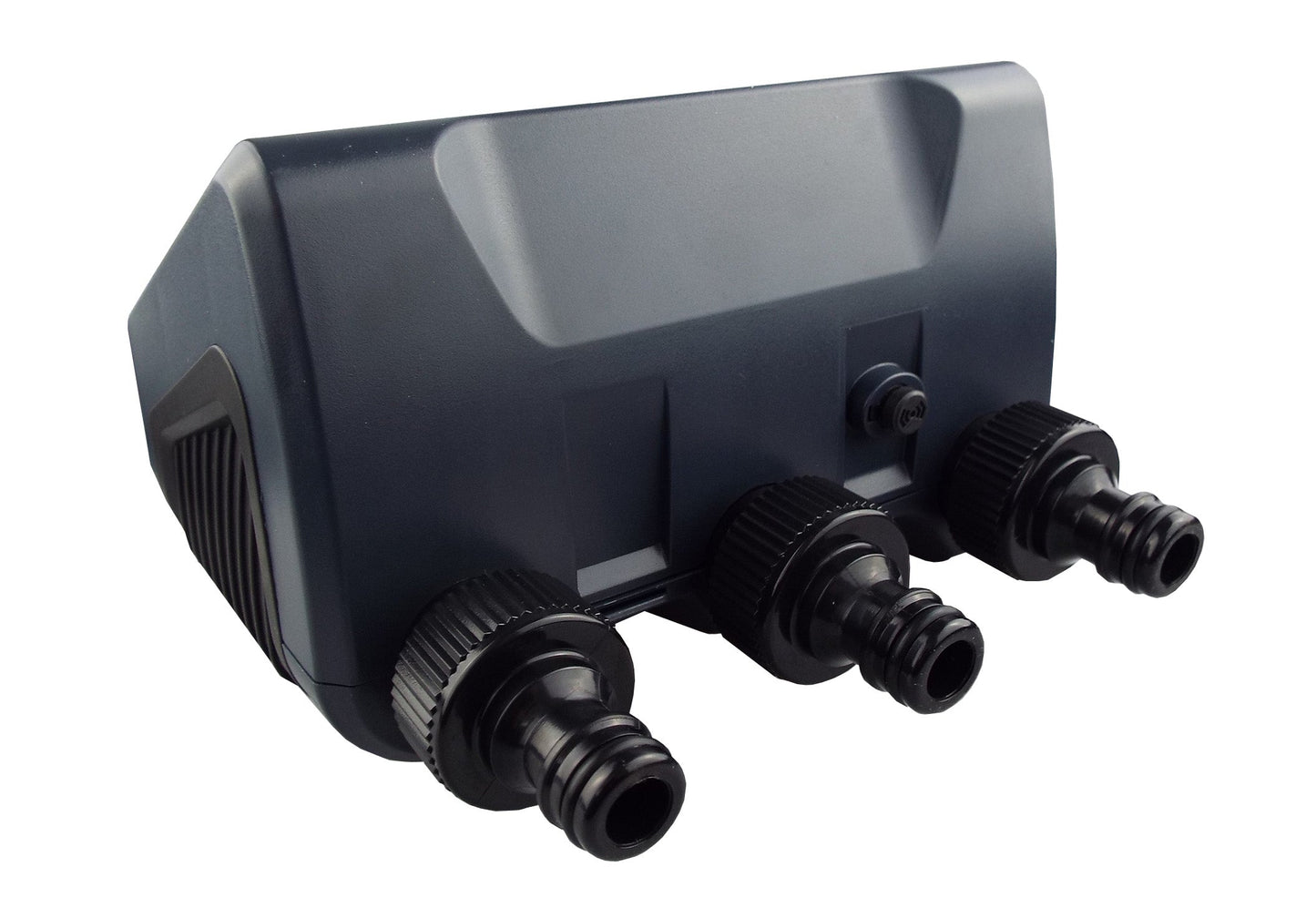 3-Wege-Wasser-Timer mit drei Schlauchanschlüssen, Rückseite im Winkel