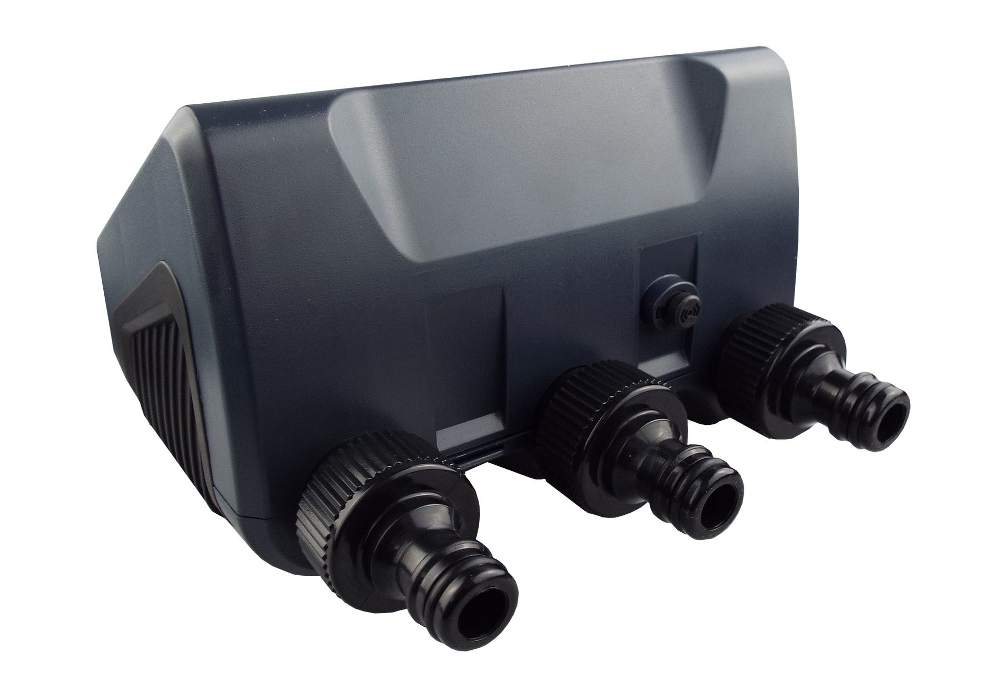 3-Wege-Wasser-Timer mit drei Schlauchanschlüssen, Rückseite im Winkel