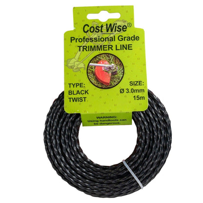 Cost Wise strimmer line, black twisted 3mm x 15m, packaged spool
