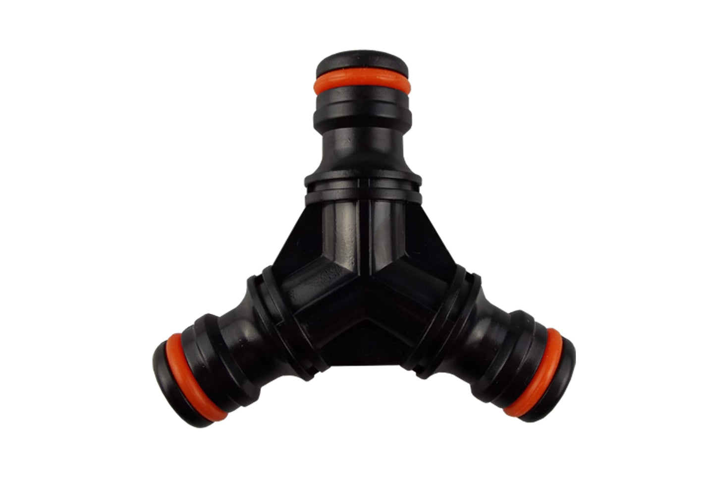 Three-way snap-on male connector, black with orange rings, Y-junction view