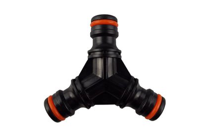 Three-way snap-on male connector, black with orange rings, Y-junction view