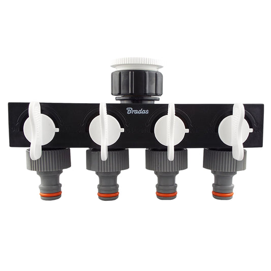 4-way splitter with valves, black manifold and four adjustable tap outlets