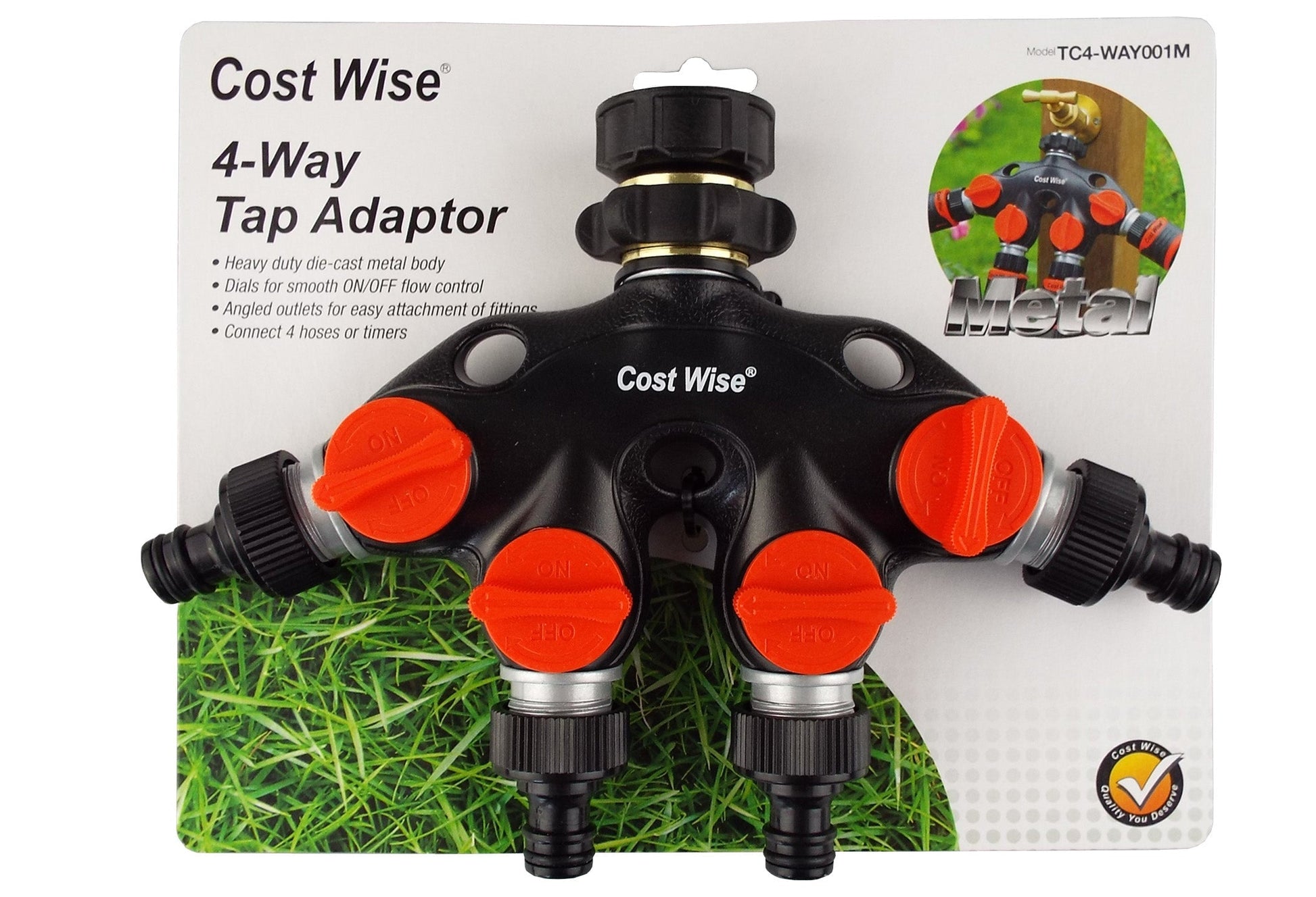 Boxed 4-way tap adaptor with valves, black connector with four red control knobs