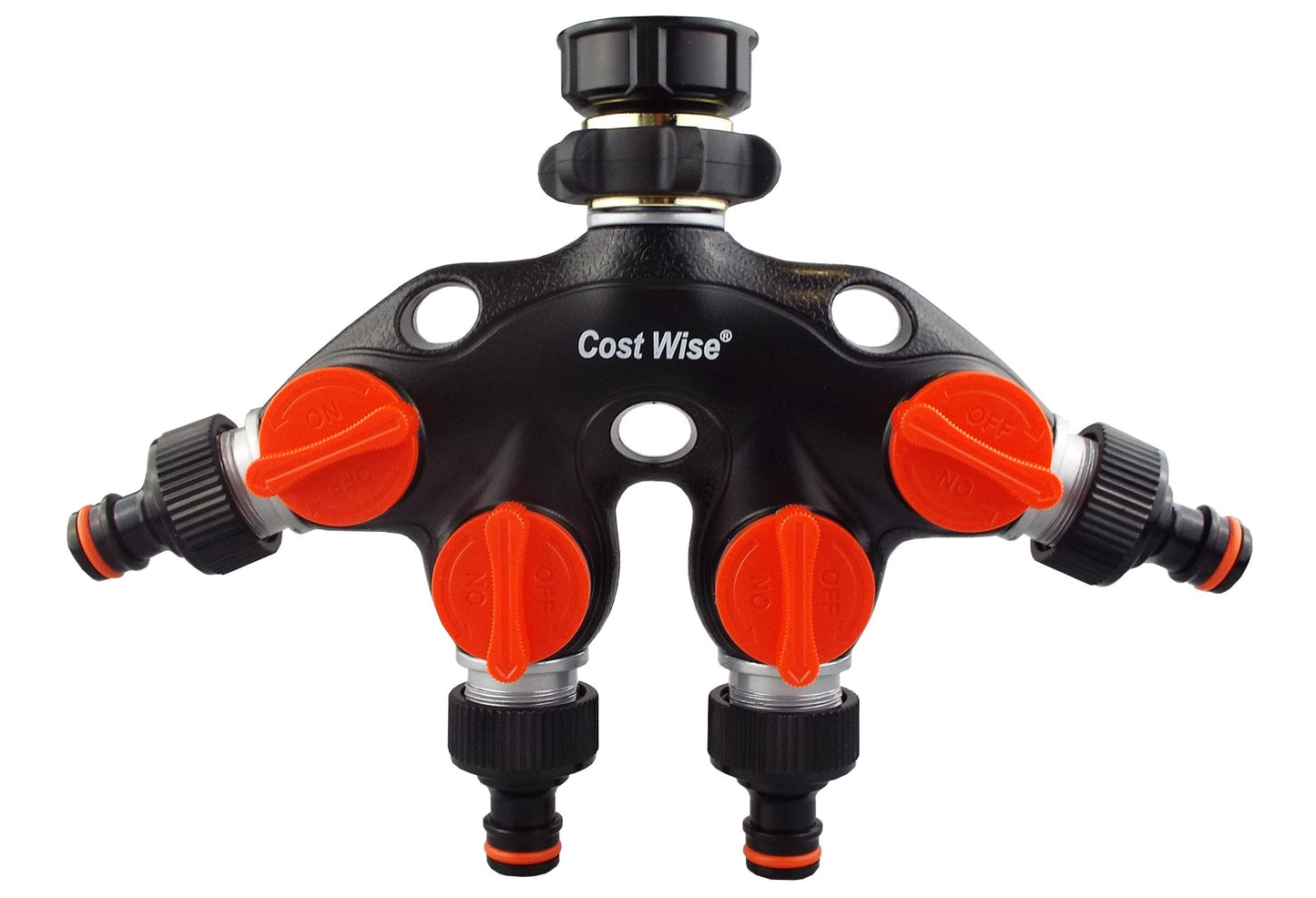 4-way tap connector with valves, black manifold with red knobs and side threaded hose ends