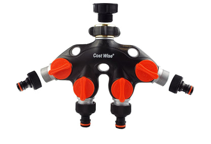 4-way tap connector with valves, black housing, four red valve caps, metal side outlets