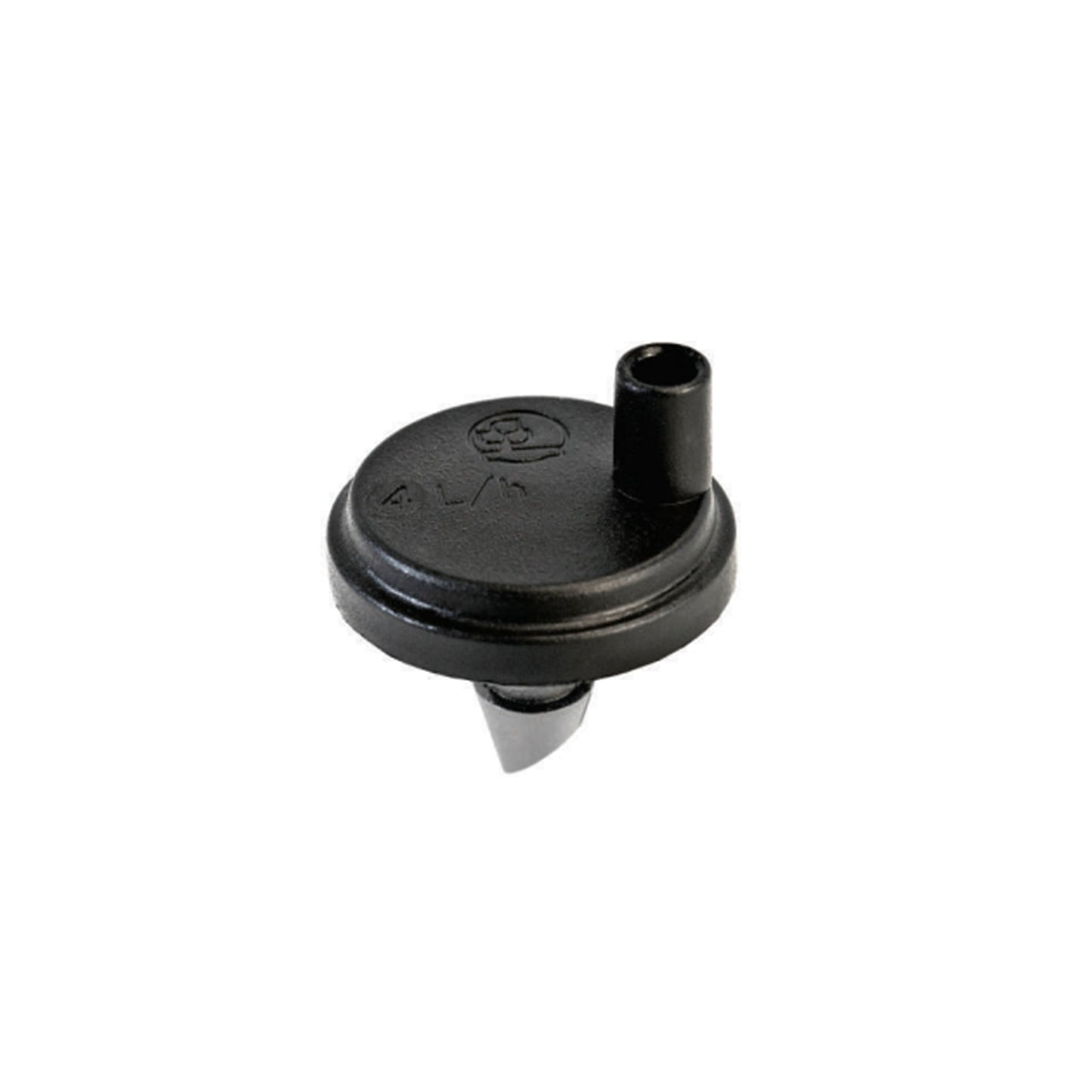 Black turbulent flow dripper with central outlet and inlet barb spout