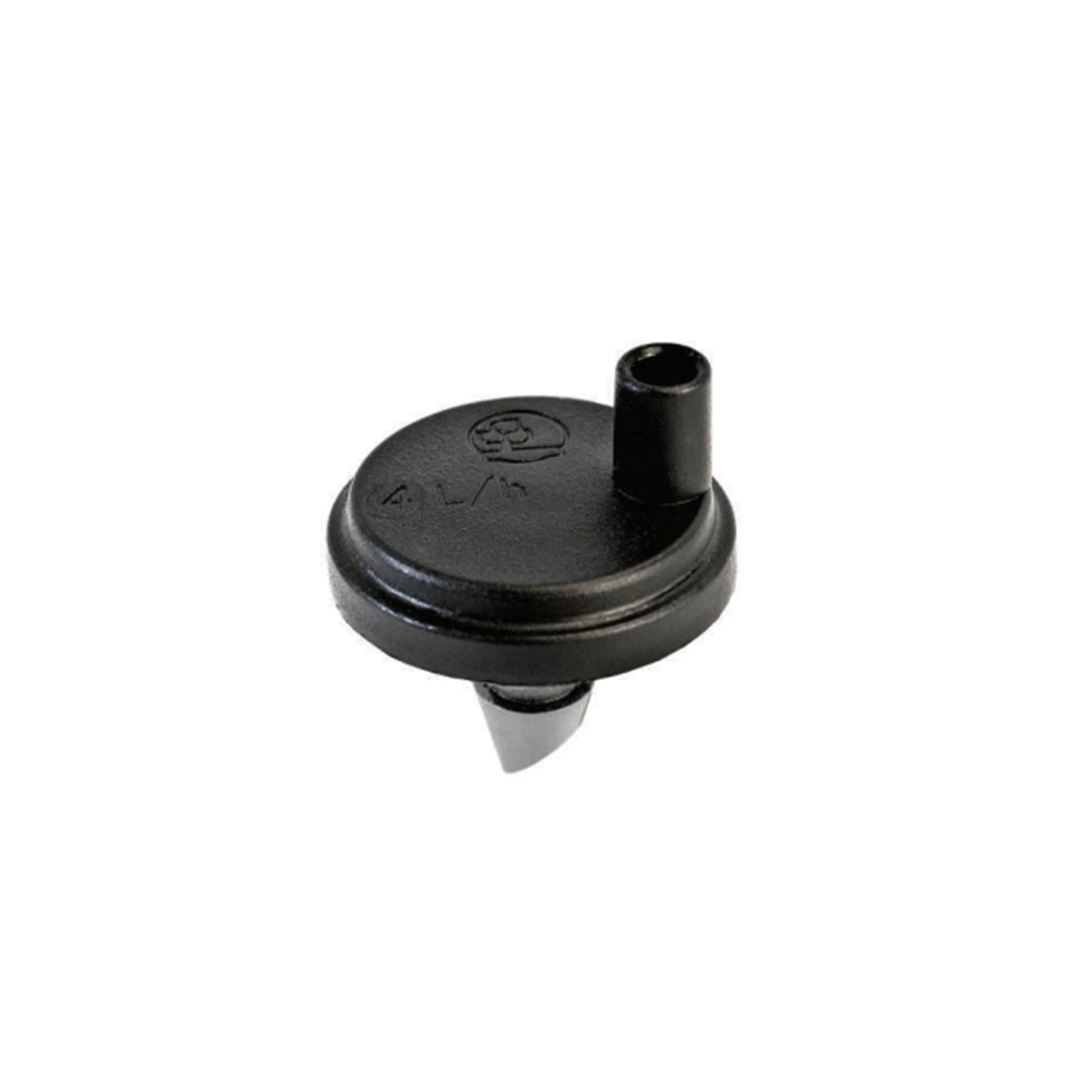 Black turbulent flow dripper with central outlet and inlet barb spout