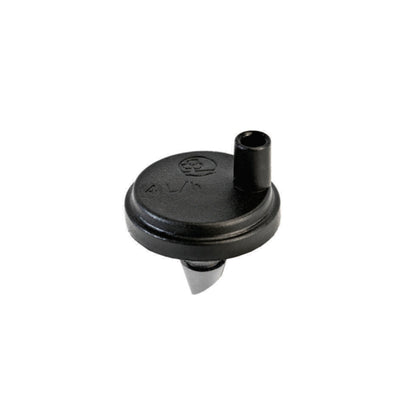 Black turbulent flow dripper with central outlet and inlet barb spout