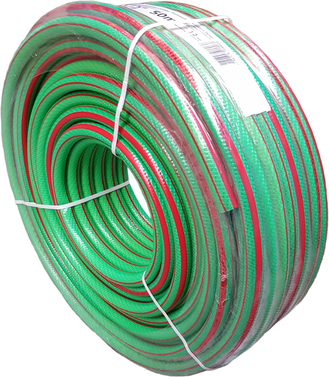 50 m roll 6-layer garden hose, 1/2 in, green with red stripe, bundled with tie