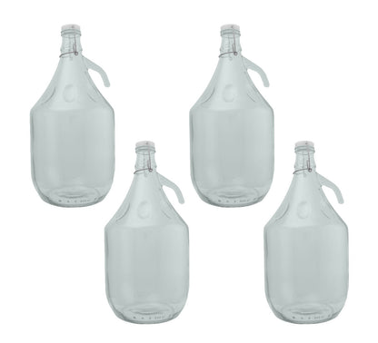 Set of four 5L glass demijohn bottles with swing-top caps and side carry handles