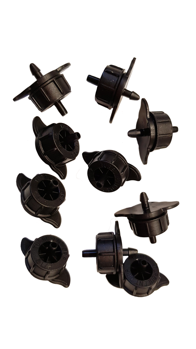 Multiple black turbo drippers with outlet spikes, non-pressure compensating