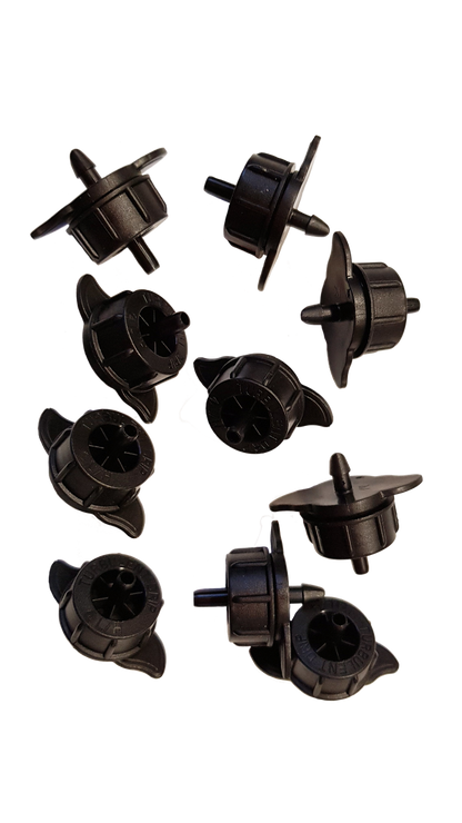 Multiple black turbo drippers with outlet spikes, non-pressure compensating