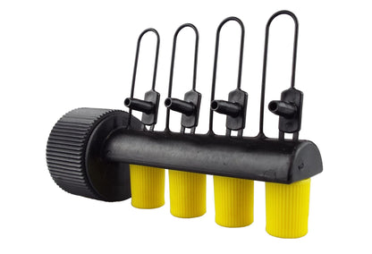 Micro drip manifold with ribbed connector and four yellow outlet nozzles