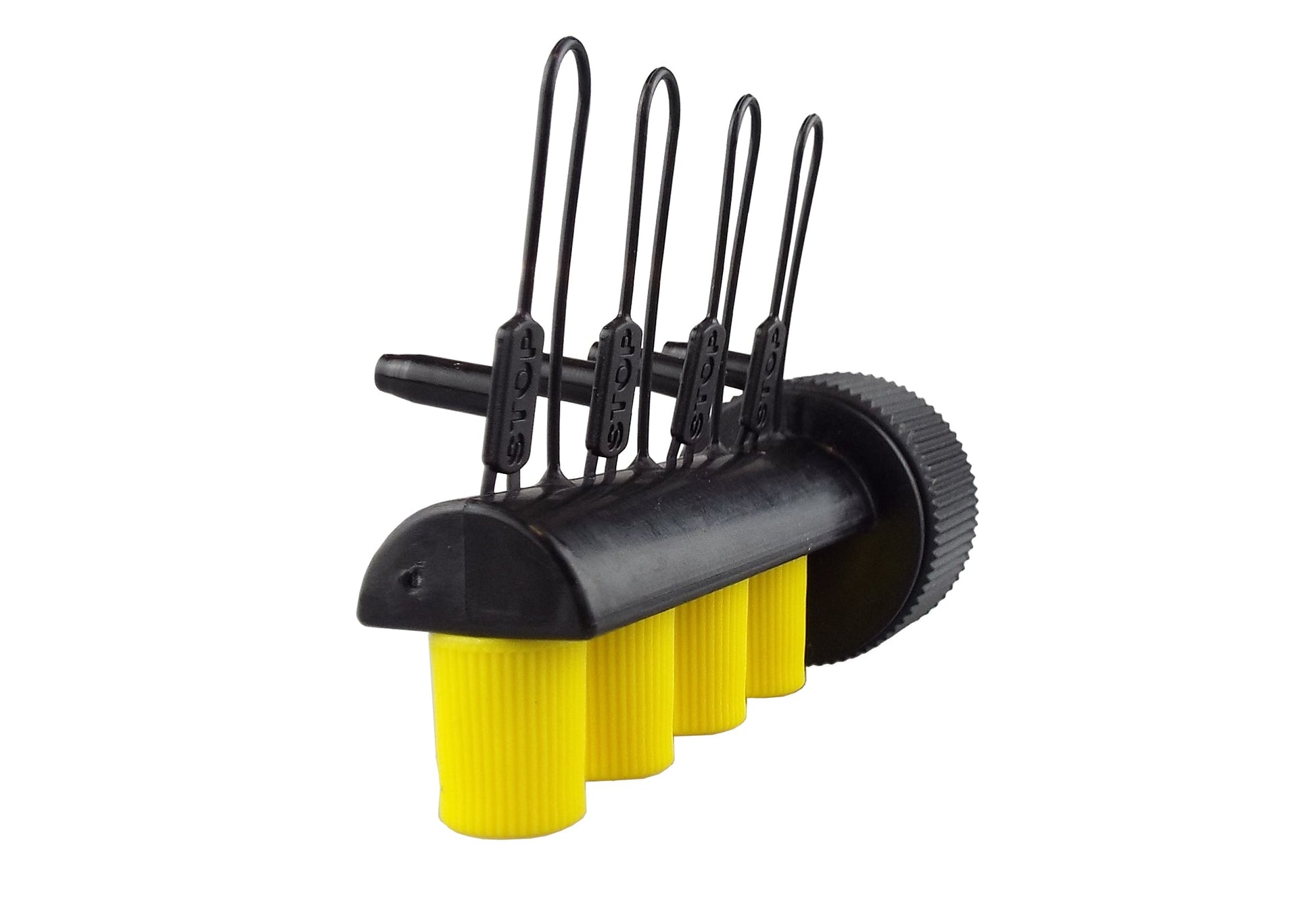 Black 4-way micro drip manifold with four vertical outlets and ribbed adjustment knob