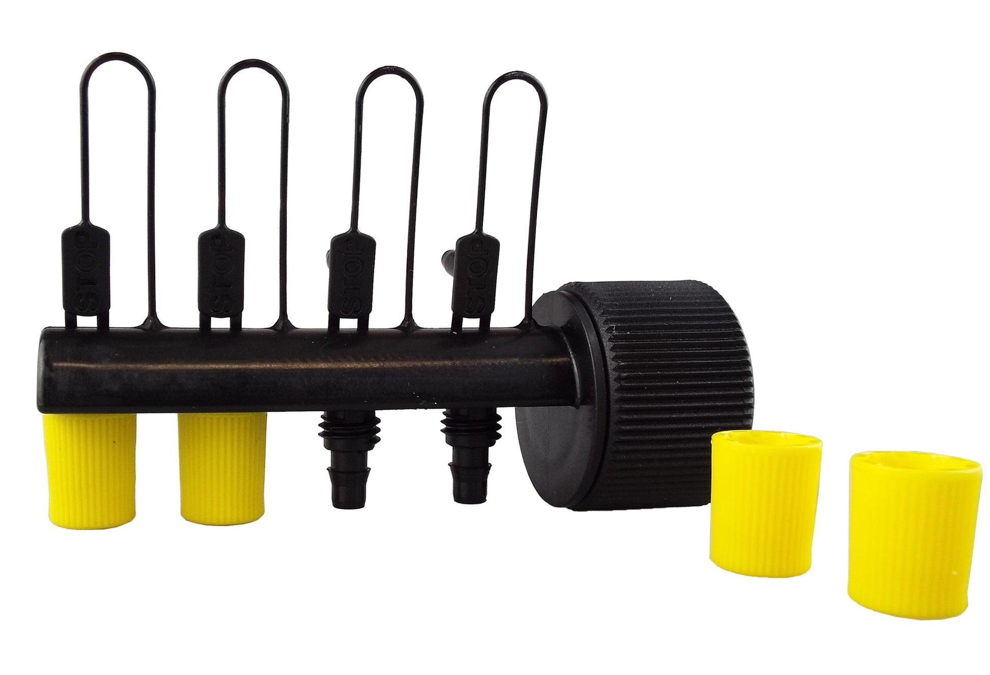 4-way micro irrigation manifold, black bar with four yellow outlet caps and two fittings