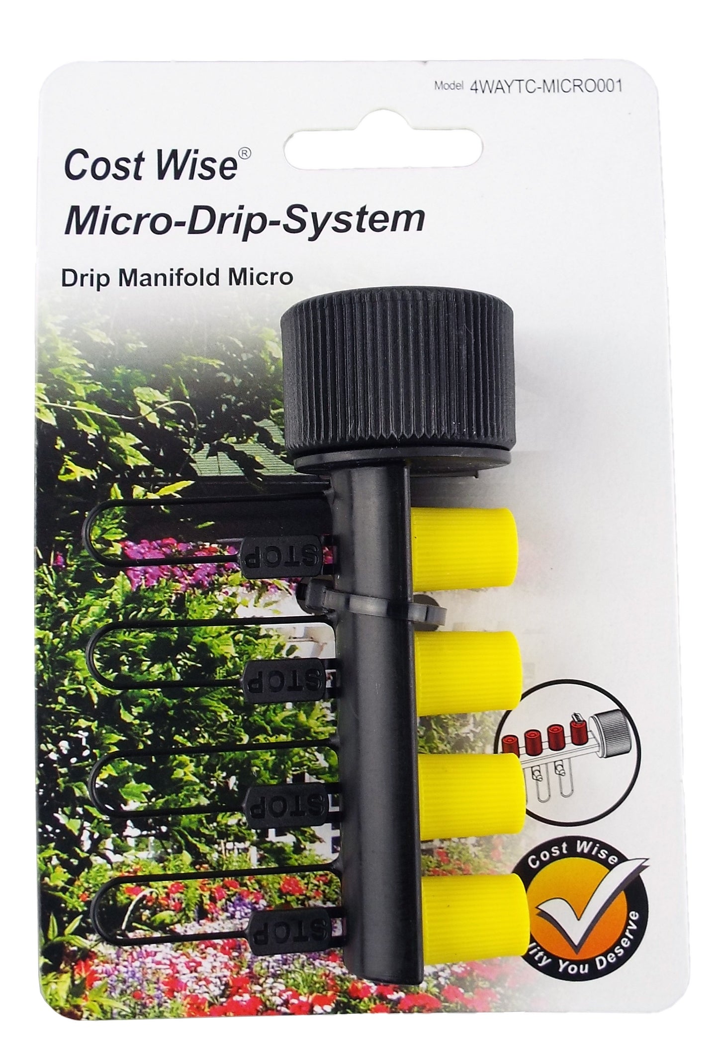 Micro-drip 4-way manifold on retail card, black control head with yellow outlets