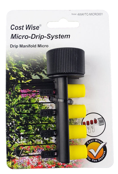 Micro-drip 4-way manifold on retail card, black control head with yellow outlets