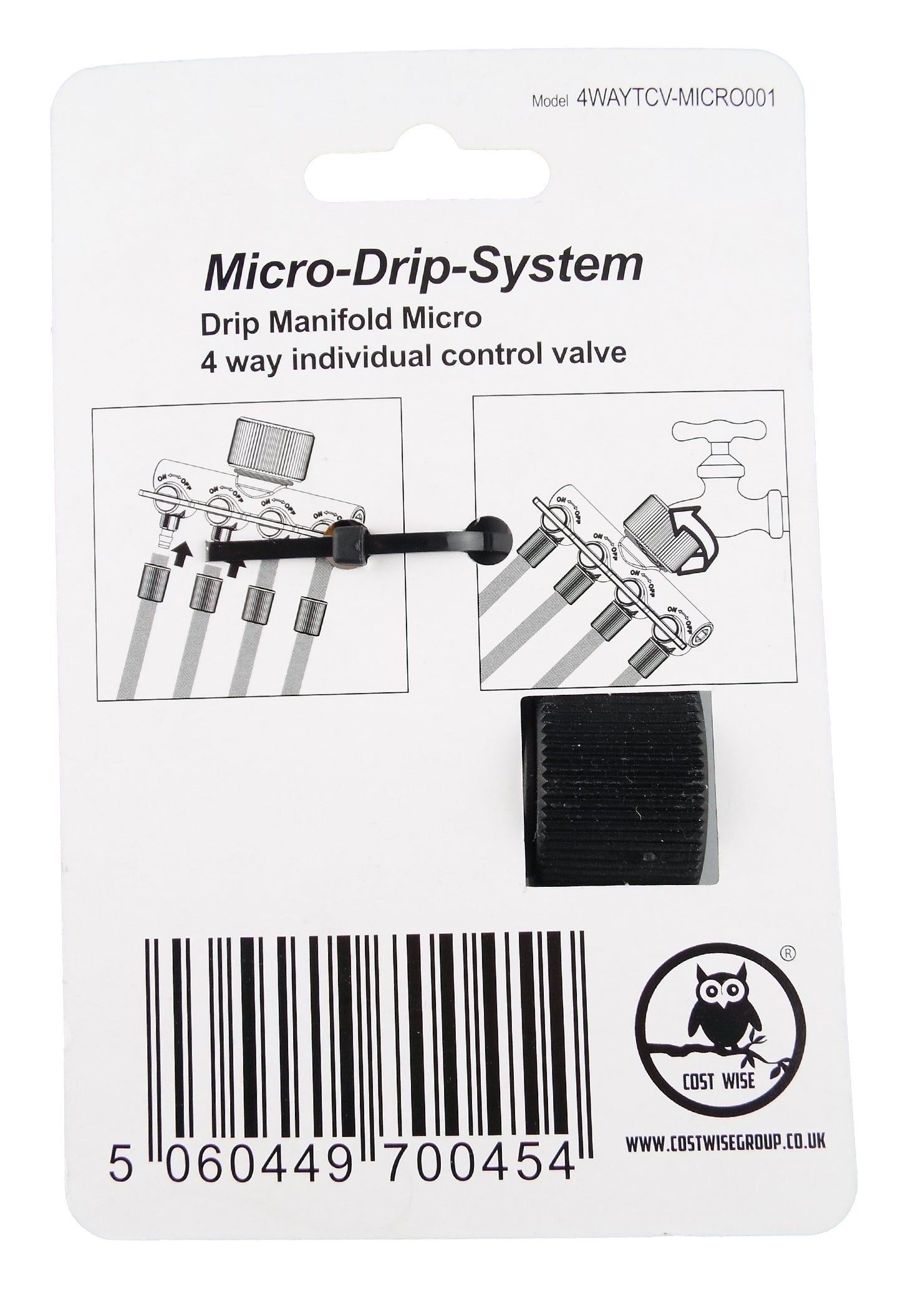 Retail package back for 4-way micro-drip manifold, showing diagram and black knob