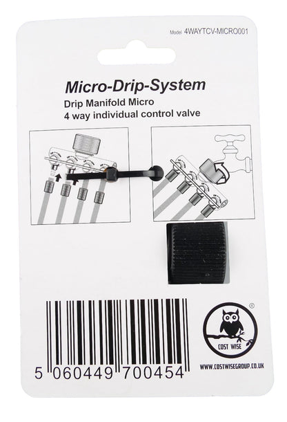 Retail package back for 4-way micro-drip manifold, showing diagram and black knob