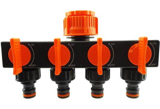 4-way splitter with valves, black base and orange lever switches, four outlets