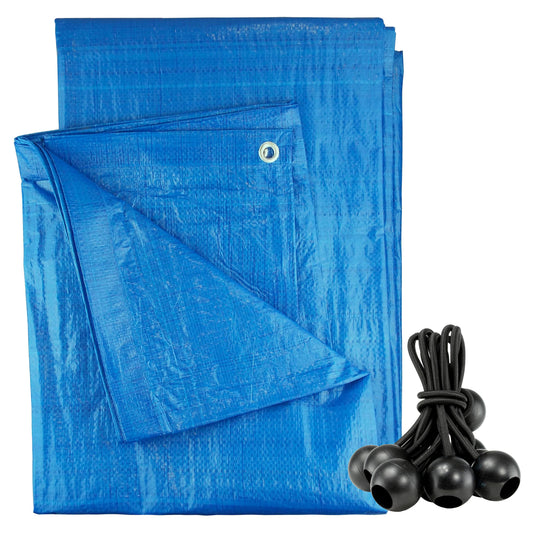 Blue S-grade tarpaulin sheet with grommets and 10 black bungee balls