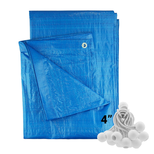 Blue tarpaulin sheet with eyelets and white 4 in bungee balls