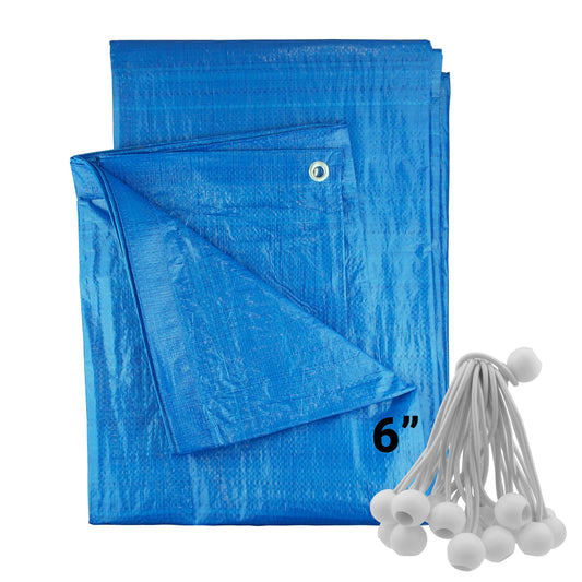 Blaues Tarpaulin (S-Grade) mit Ösen und 20 weißen Bungee-Bällen