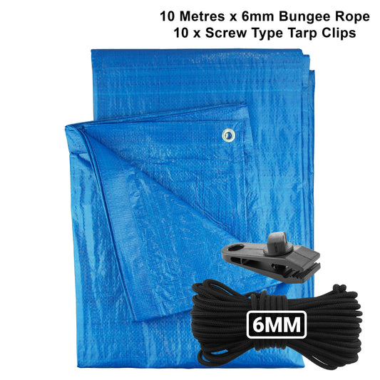 Blue tarp sheet with grommets, plus 6mm black bungee rope bundle and screw tarp clips