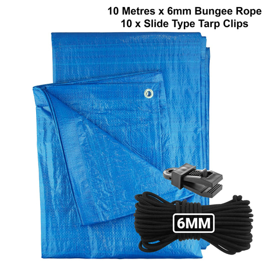 Blue tarpaulin sheet with grommets, plus 6mm black bungee rope and slide tarp clips