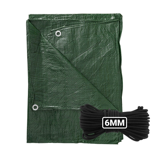 Green tarpaulin sheet with eyelets and 10m of 6mm bungee rope included