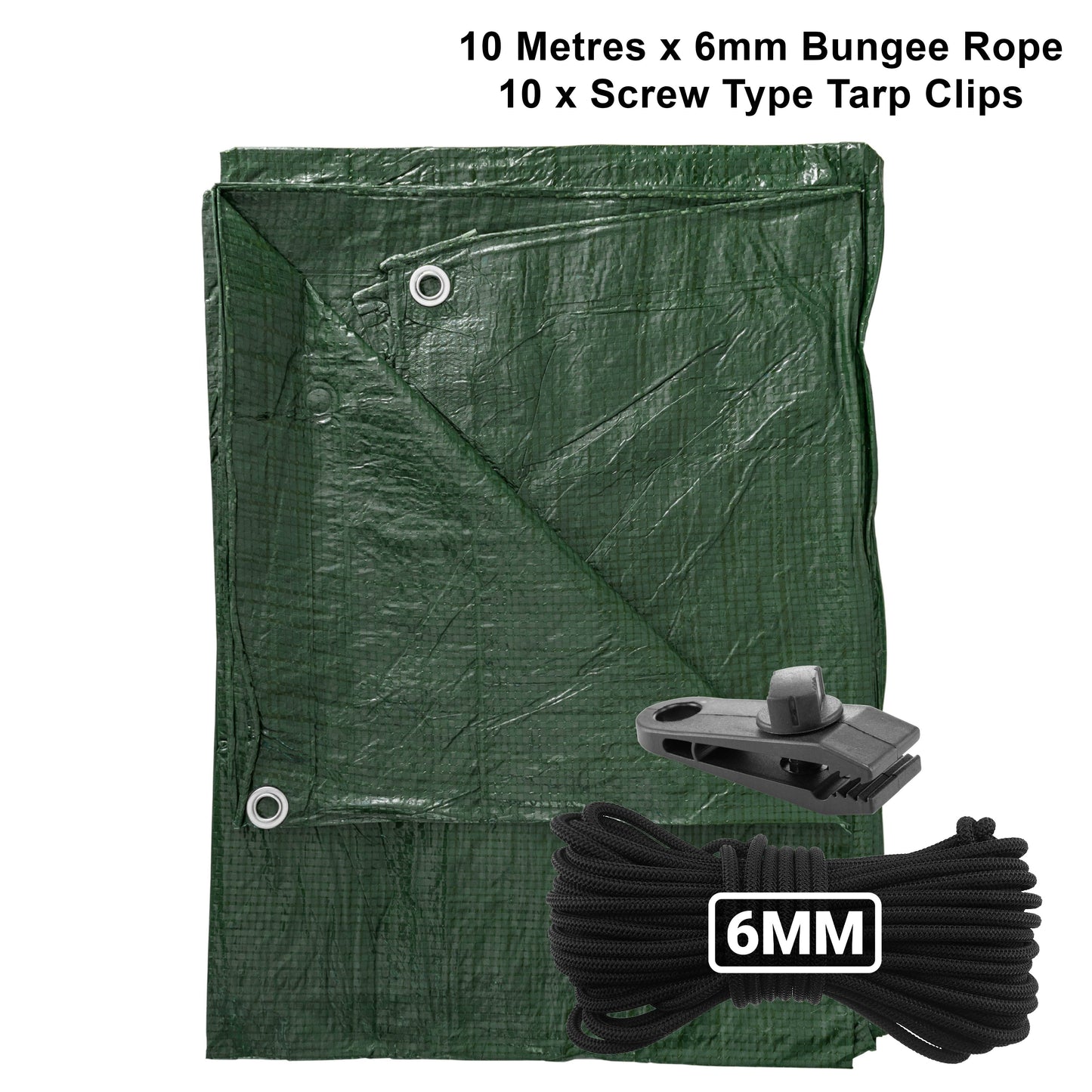 Green S-grade tarpaulin with eyelets, screw tarp clips and 6mm bungee rope