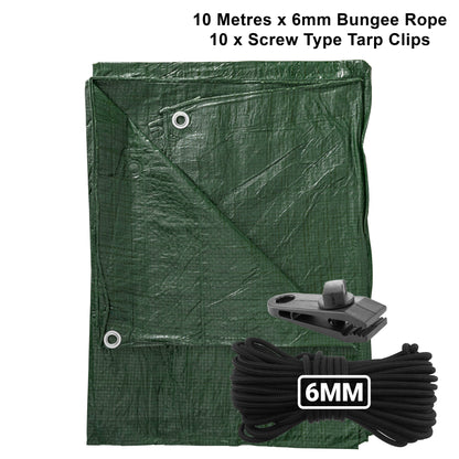 Green S-grade tarpaulin with eyelets, screw tarp clips and 6mm bungee rope