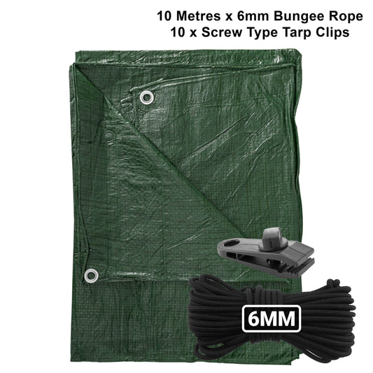 Green S-grade tarpaulin with eyelets, screw tarp clips and 6mm bungee rope