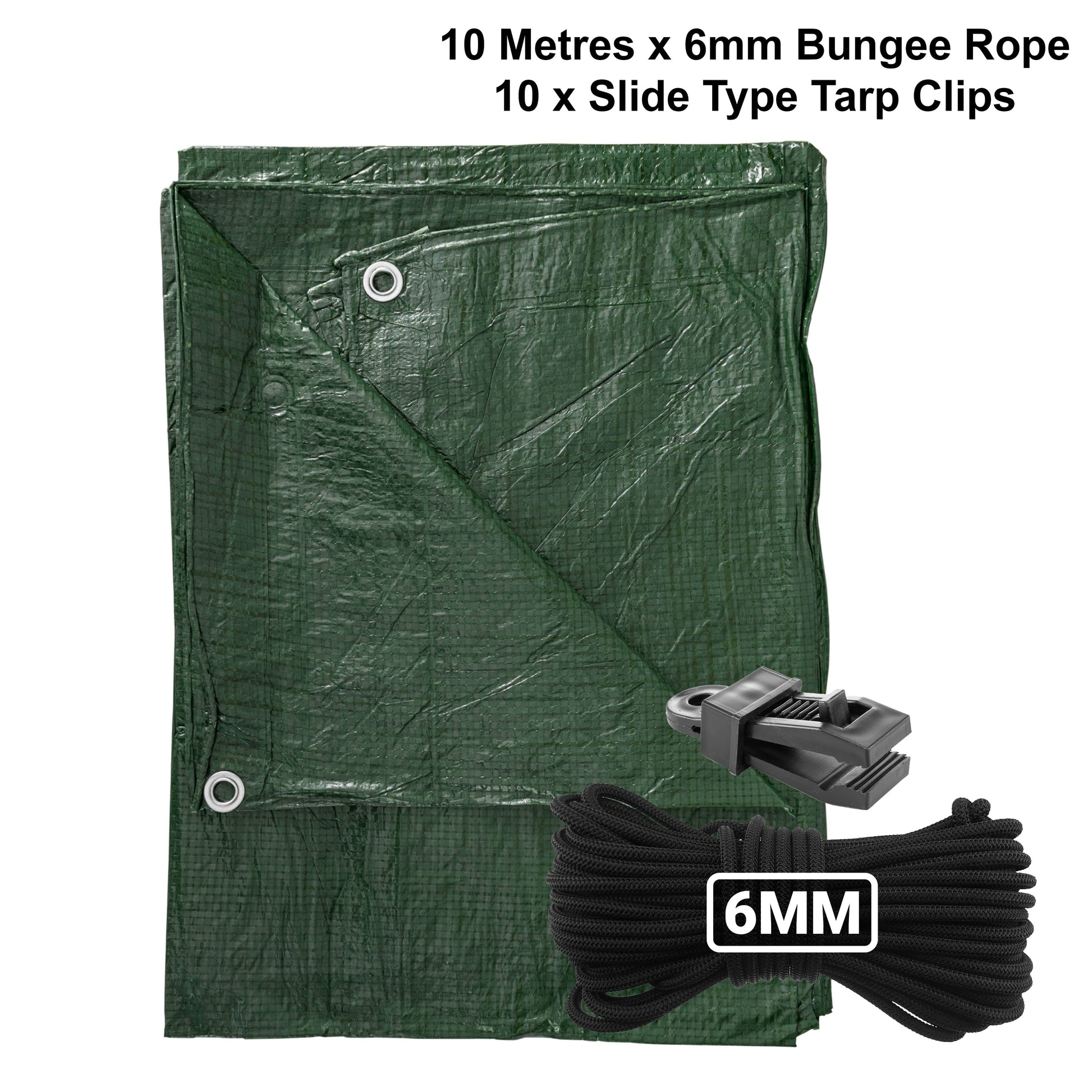 Green tarpaulin with 6mm bungee rope and 10 slide tarp clips, grommets included