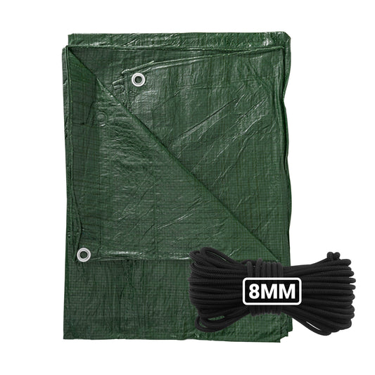 Green tarpaulin with metal eyelets and bundled 8mm bungee rope (10m)