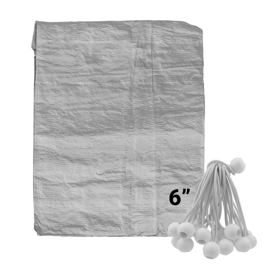 Grey tarpaulin sheet with white 6-inch bungee balls and elastic cords