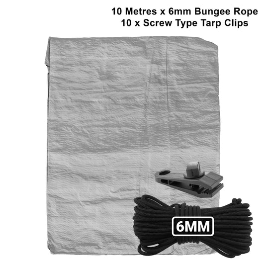 Grey tarpaulin sheet with grommets and 6mm bungee rope (10m)