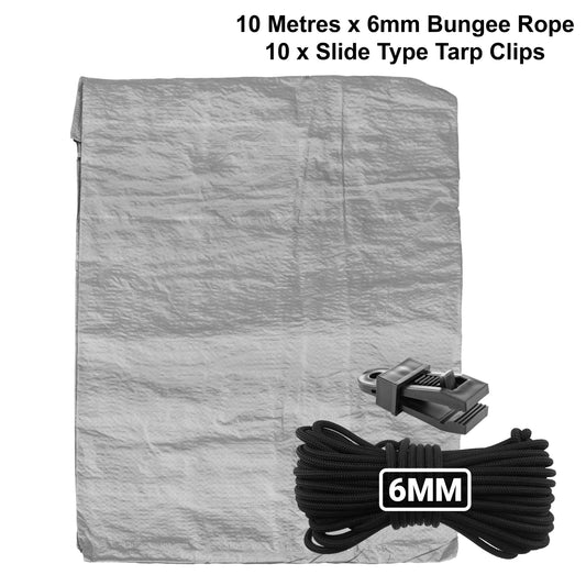 Grey tarpaulin sheet with Best4Trade-Retail black 6mm bungee rope and slide tarp clips