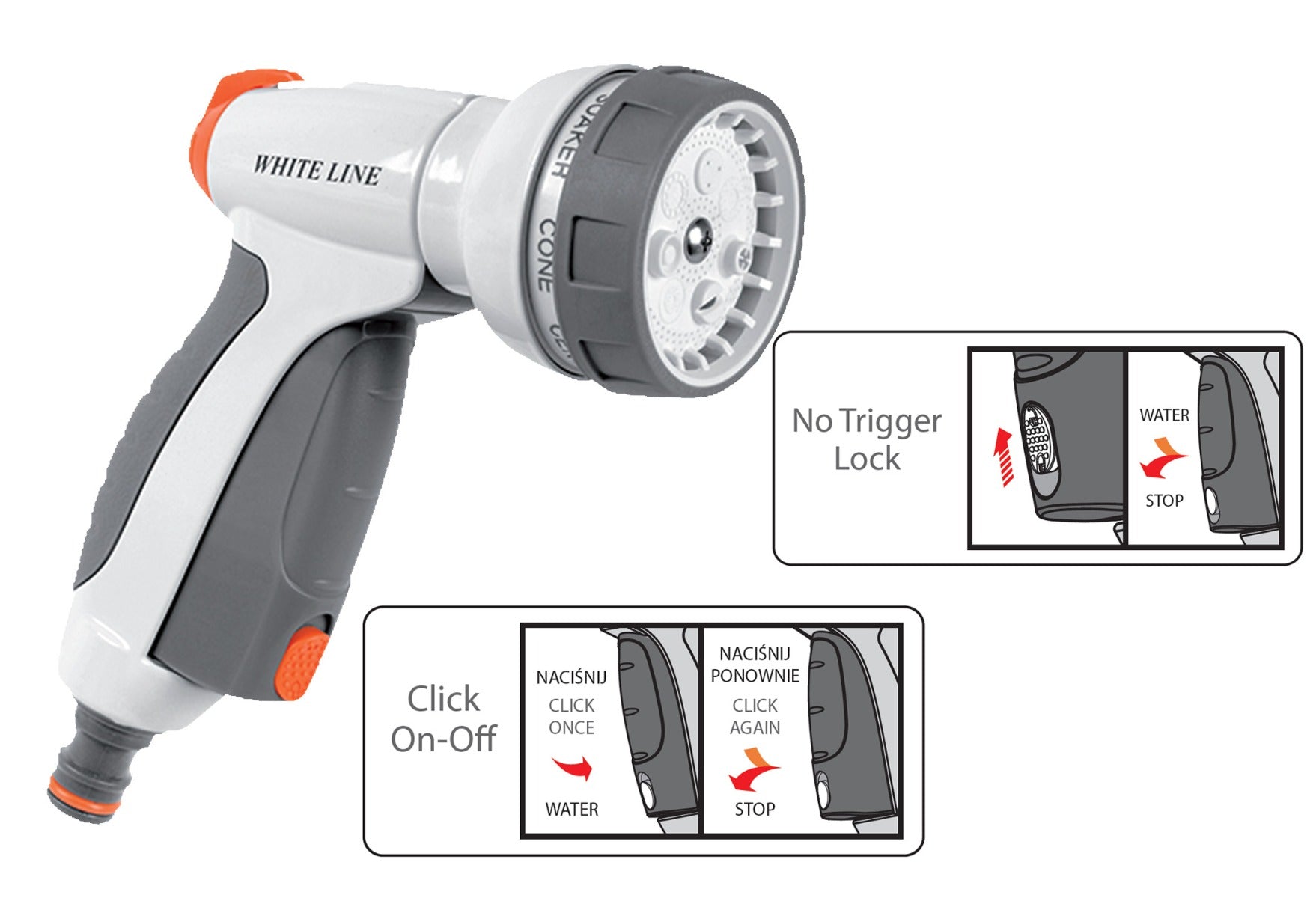 Hose water sprayer mit verstellbarer Brause und Trigger-Lock sowie On-Off Hinweis