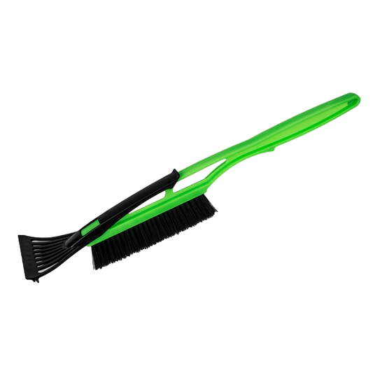 Green and black snow brush with soft bristle head and long handle
