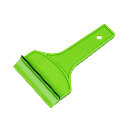Ice scraper with squeegee, green plastic handle and serrated ice blade