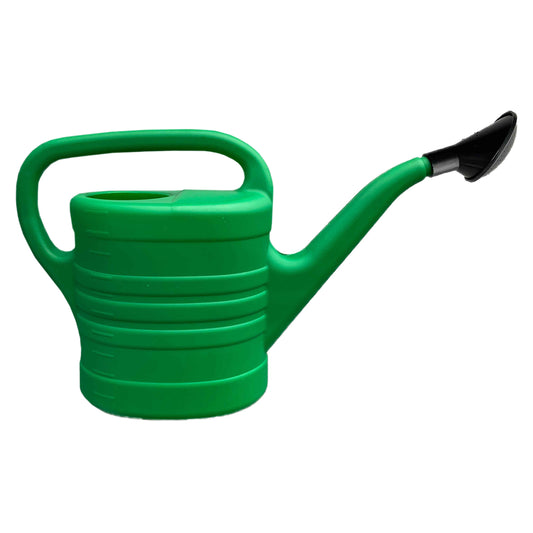 5-litre green watering can with black watering spout and curved handle