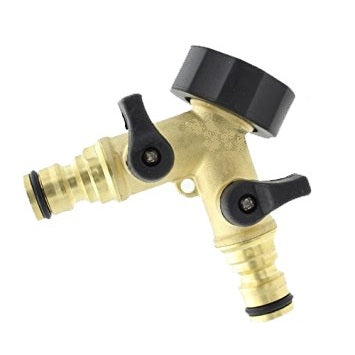 Brass double tap connector with two valves, snap-on outlets, and threaded hose ends