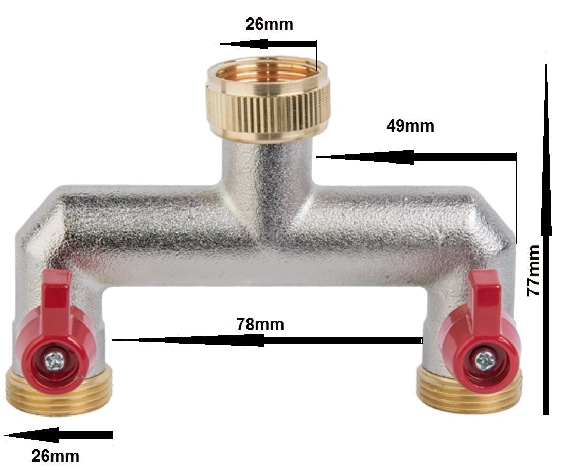 Brass two-way tap splitter, 3/4" BSP, size marks 26mm/49mm/77mm