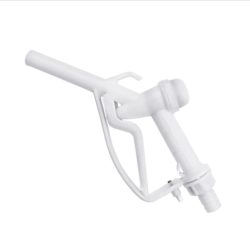White fuel gun with 3/4" barb inlet and 25mm outlet, trigger handle